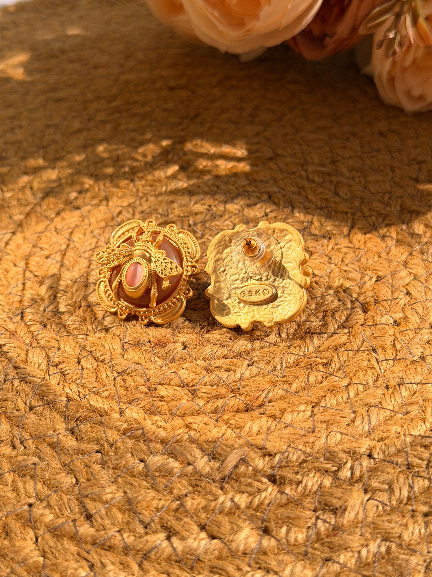 Golden Bee Medallion Earrings – Vintage Inspired Statement Studs