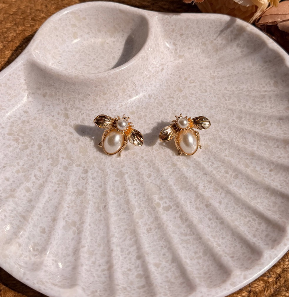 Pearl Bee Stud Earrings | Gold-Toned Insect Studs with Pearl Body | Boho Jewellery