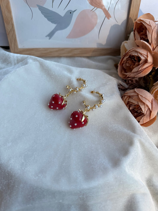 Pearl Strawberry Drop Earrings | Gold Hoop Dangle Earrings | Cottagecore Fruit Jewelry