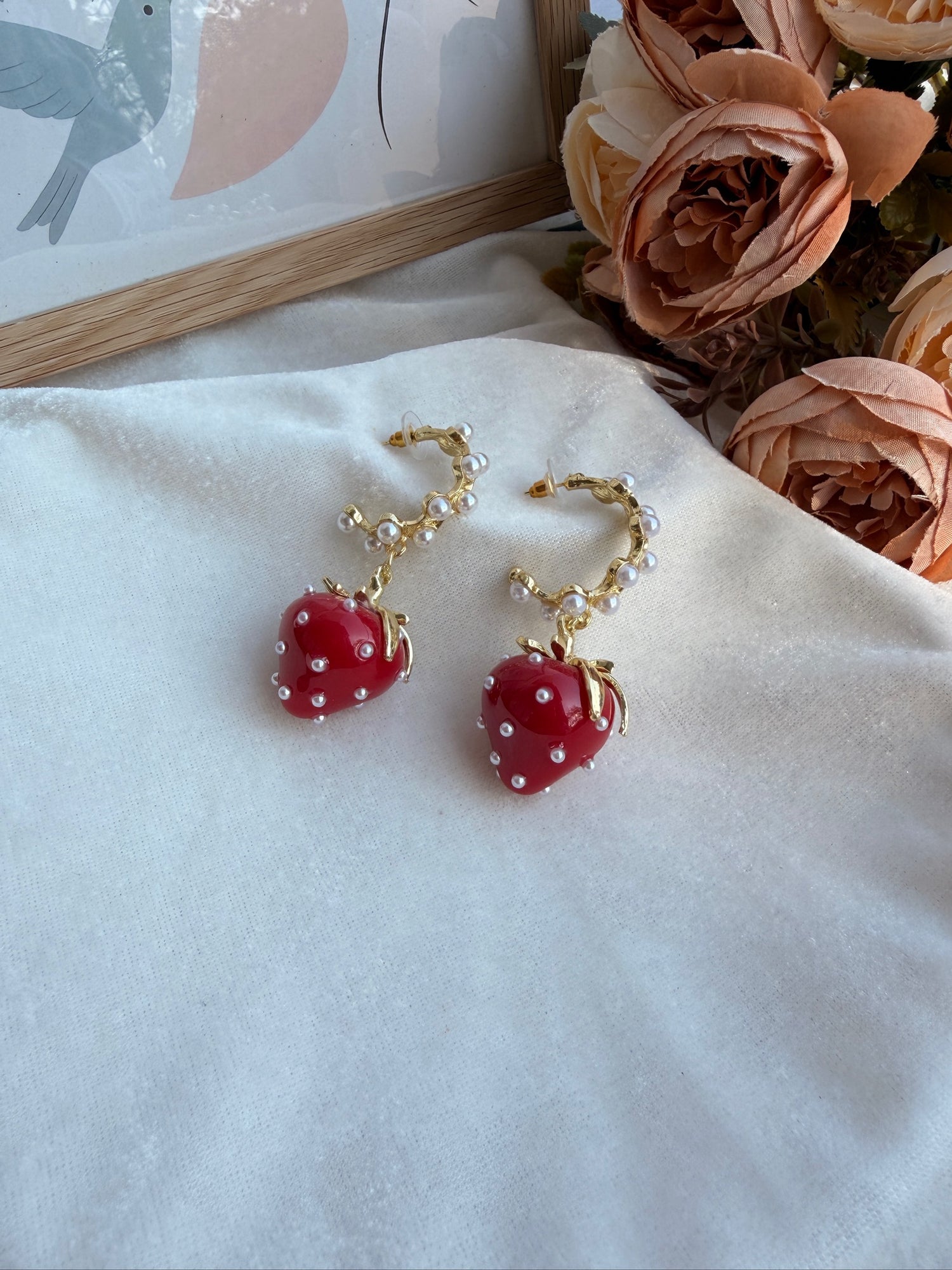 Pearl Strawberry Drop Earrings | Gold Hoop Dangle Earrings | Cottagecore Fruit Jewelry