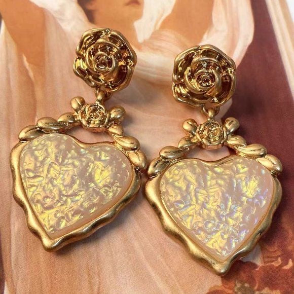 Golden Bloom Opal Heart Statement Earrings