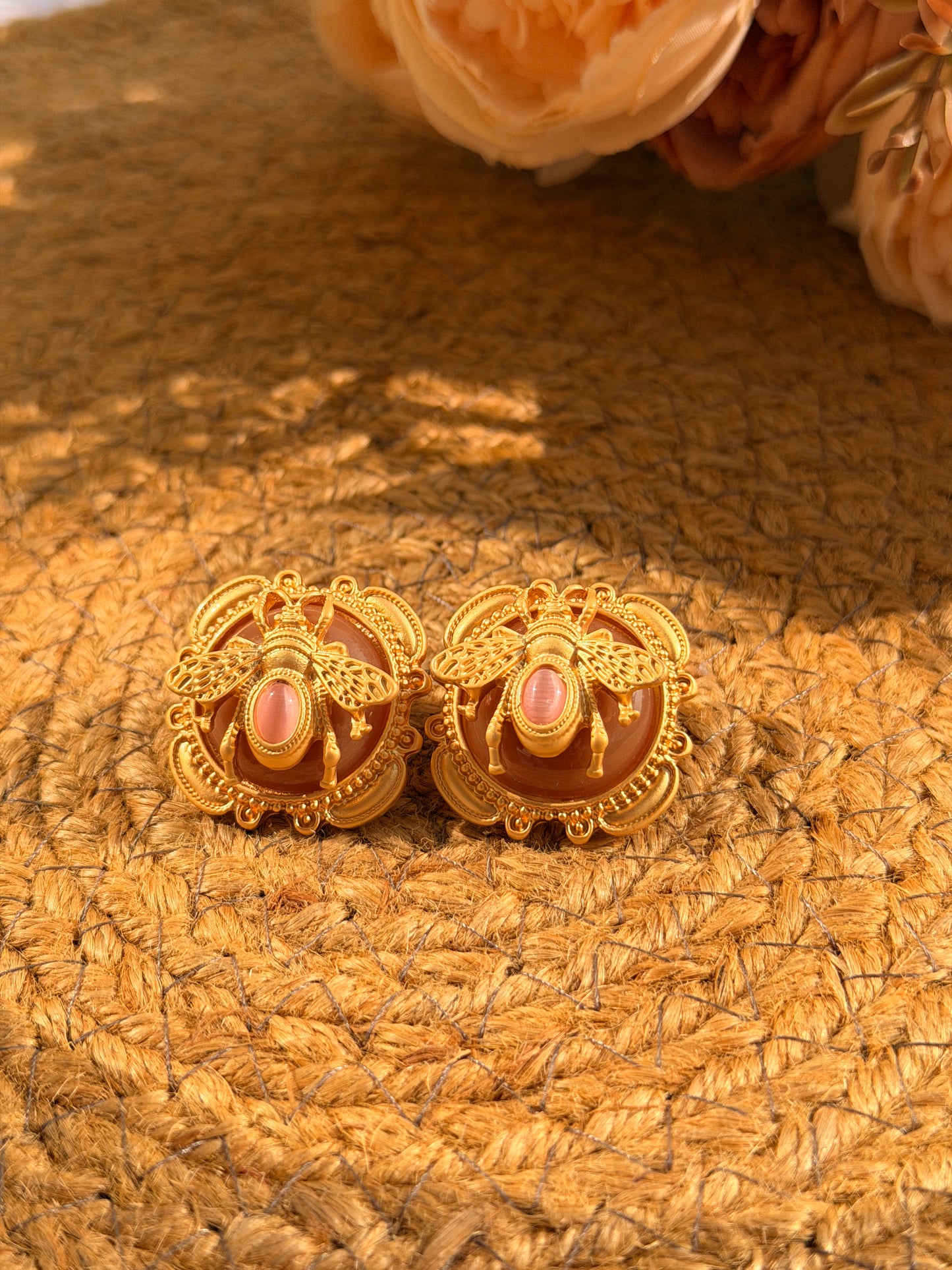 Golden Bee Medallion Earrings – Vintage Inspired Statement Studs