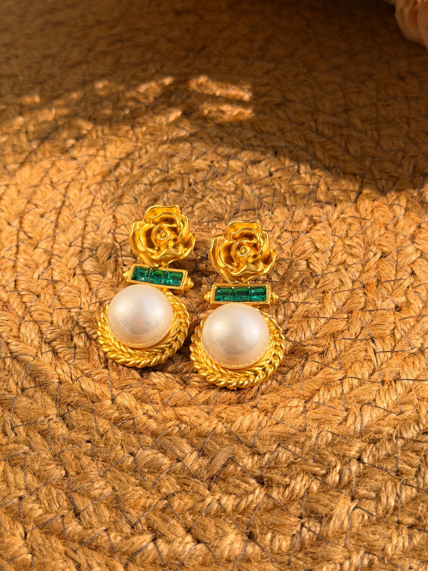Golden Rose Pearl Earrings – Floral Pearl Drop Earrings