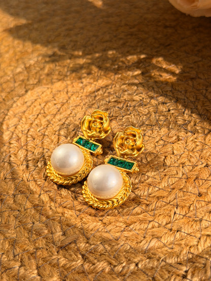 Golden Rose Pearl Earrings – Floral Pearl Drop Earrings