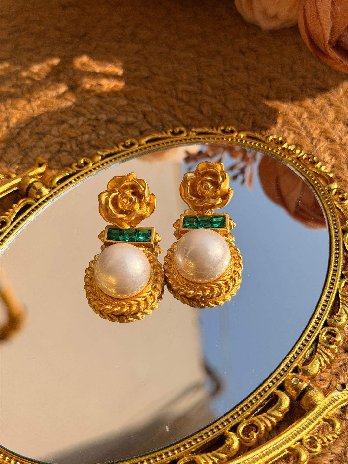 Golden Rose Pearl Earrings – Floral Pearl Drop Earrings