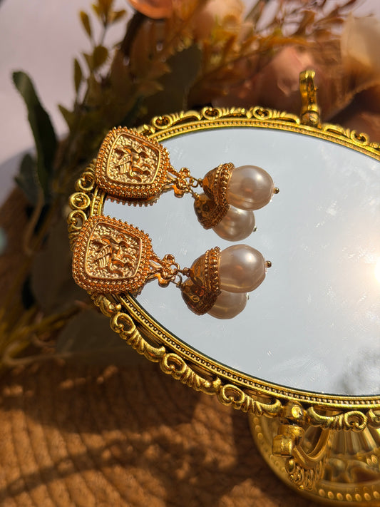 Pearl Drop Earrings | Gold-Tone Ornate Statement Jewelry