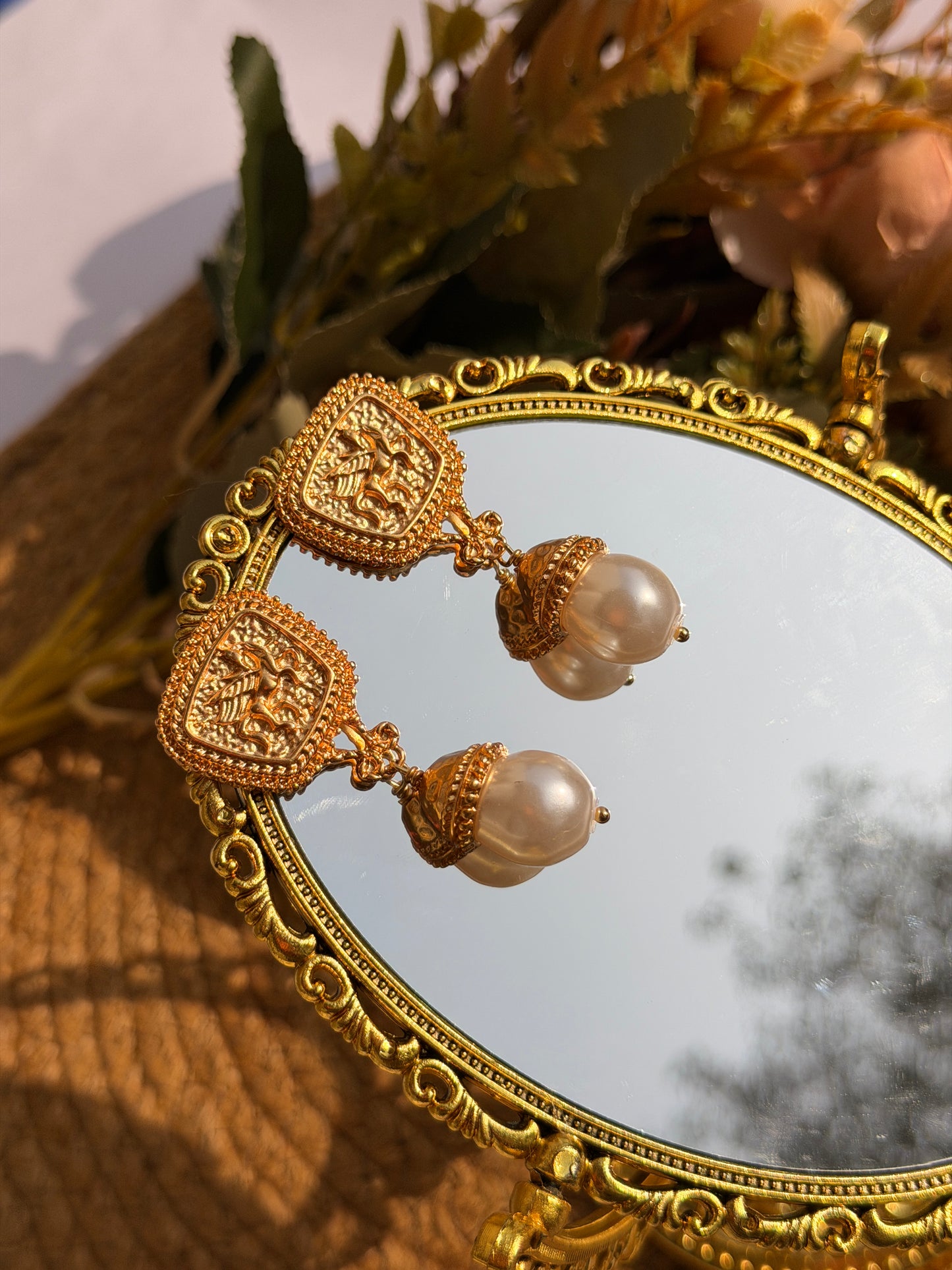 Pearl Drop Earrings | Gold-Tone Ornate Statement Jewelry