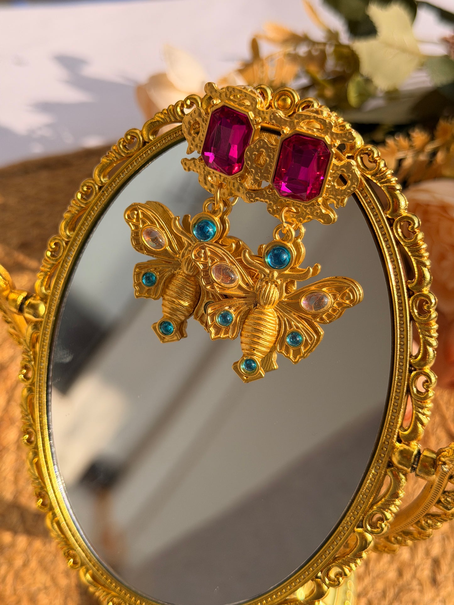 Butterfly Ruby Brass Earrings | Gold Tone Statement Jewelry