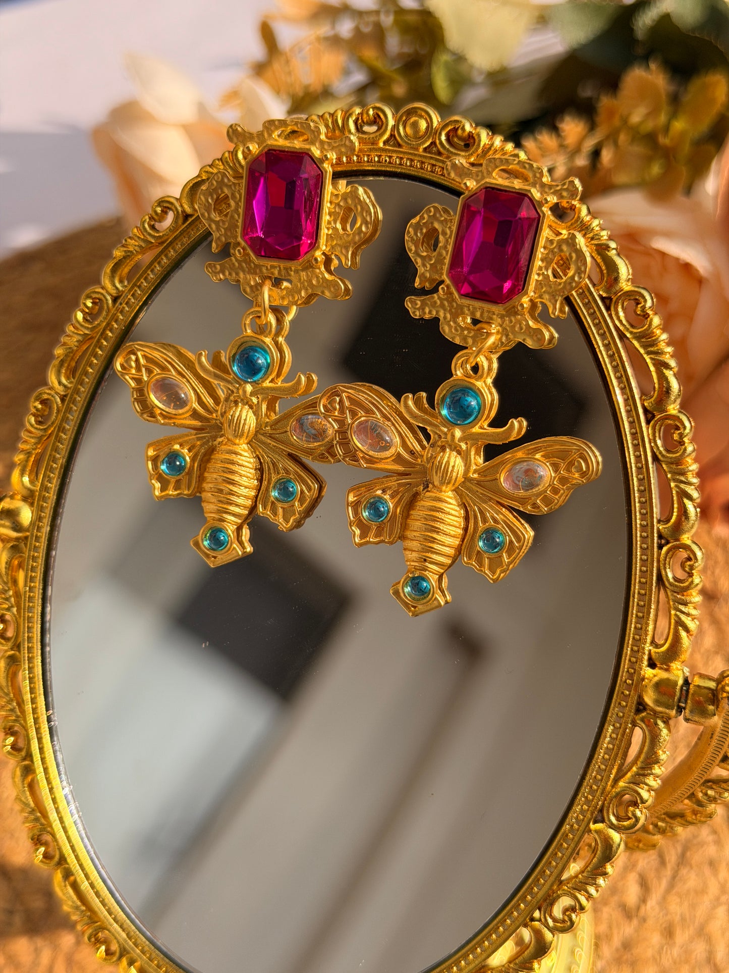 Butterfly Ruby Brass Earrings | Gold Tone Statement Jewelry