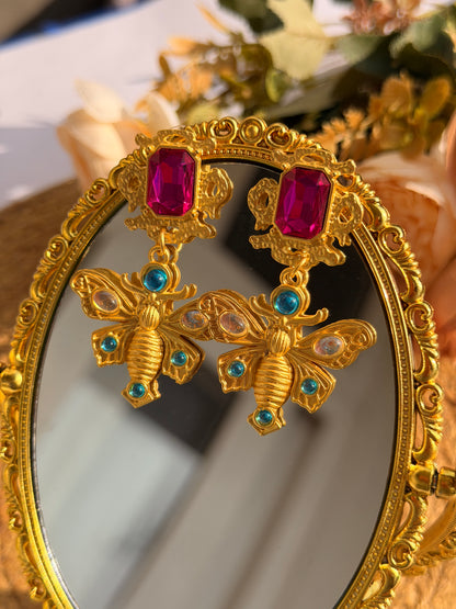 Butterfly Ruby Brass Earrings | Gold Tone Statement Jewelry