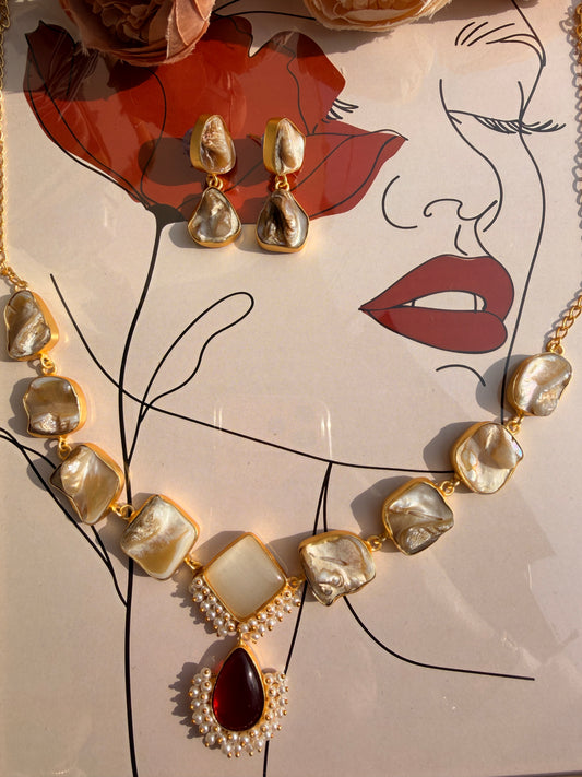 Raw Crystal & Ruby Drop Brass Jewellery Set | Mother of Pearl Necklace & Earrings | Festive Jewellery