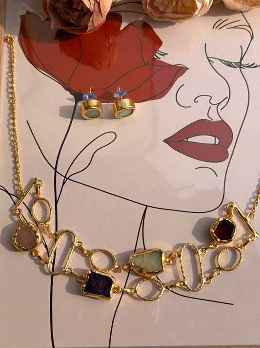 Crystal Multi-Stone Choker Set | Brass Gold-Toned Geometric Necklace & Earrings | Statement Jewellery