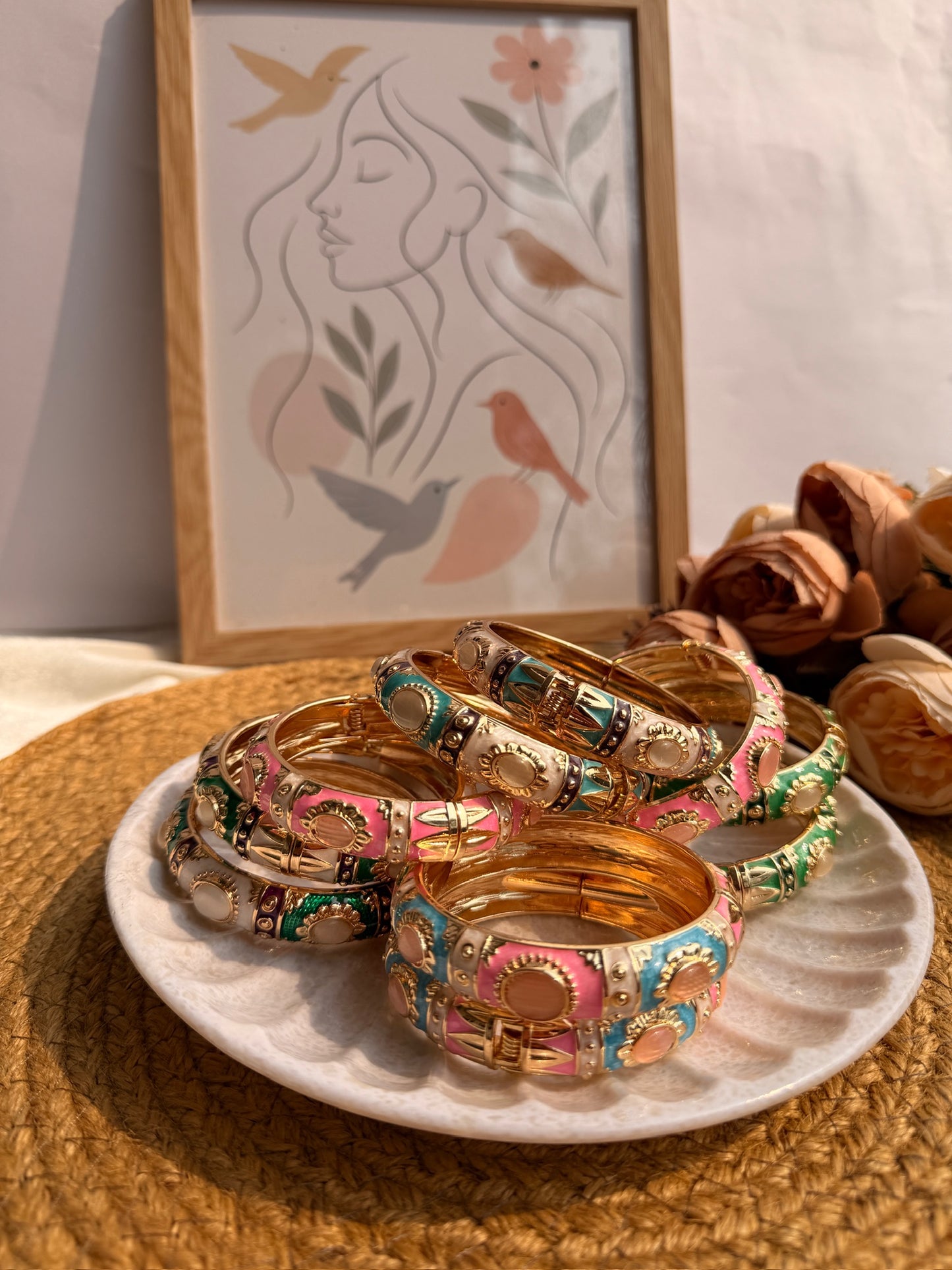 Desert Bloom Enamel Bangle Set — Handcrafted Gold-Toned Pair