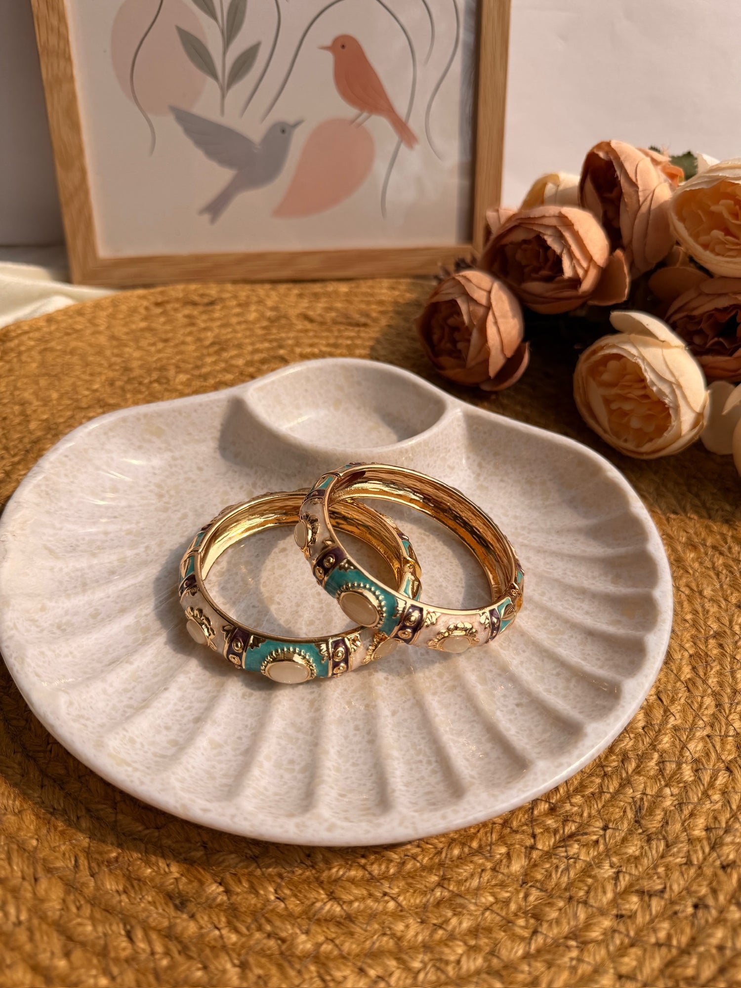 Desert Bloom Enamel Bangle Set — Handcrafted Gold-Toned Pair