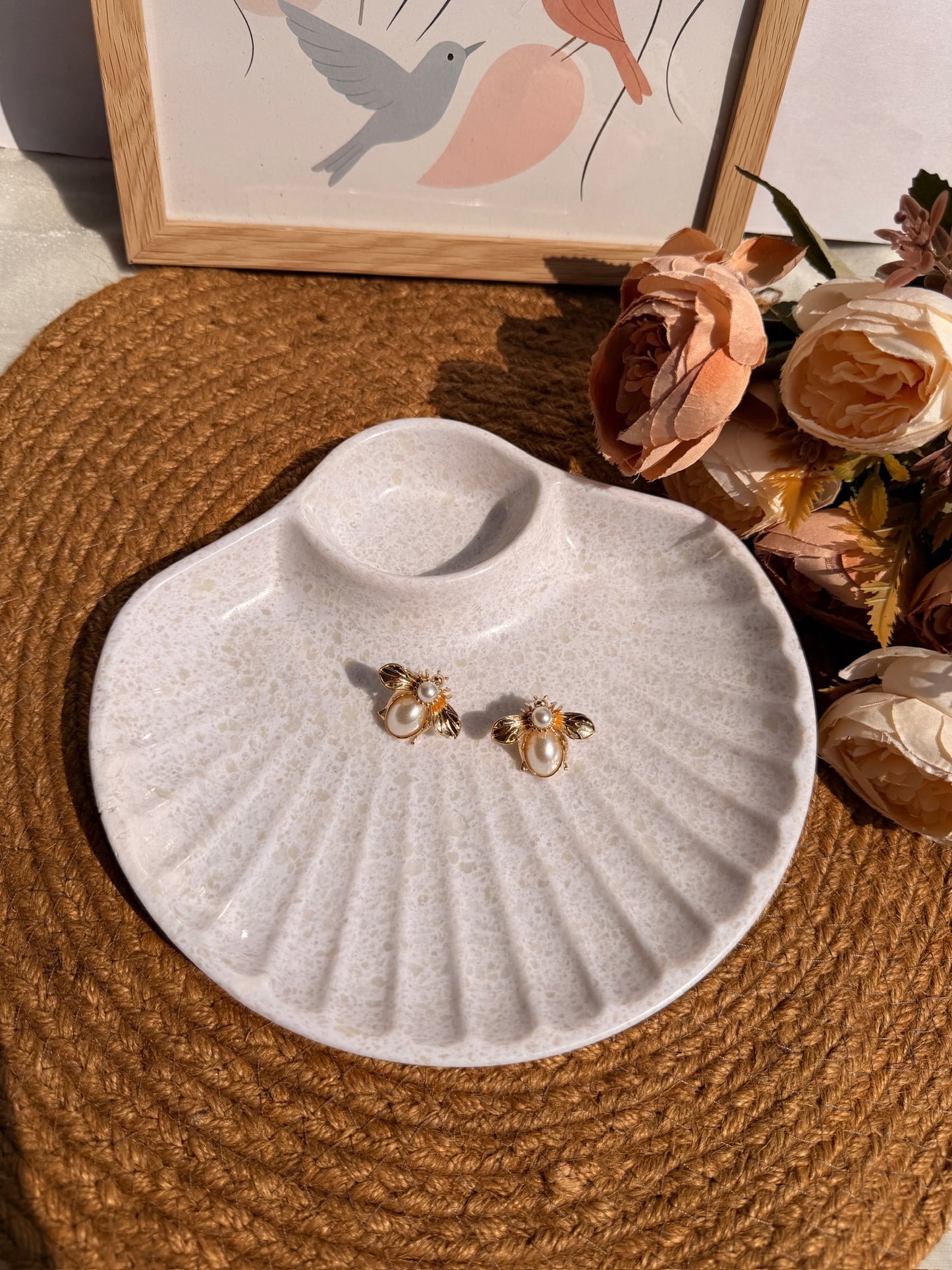 Pearl Bee Stud Earrings | Gold-Toned Insect Studs with Pearl Body | Boho Jewellery