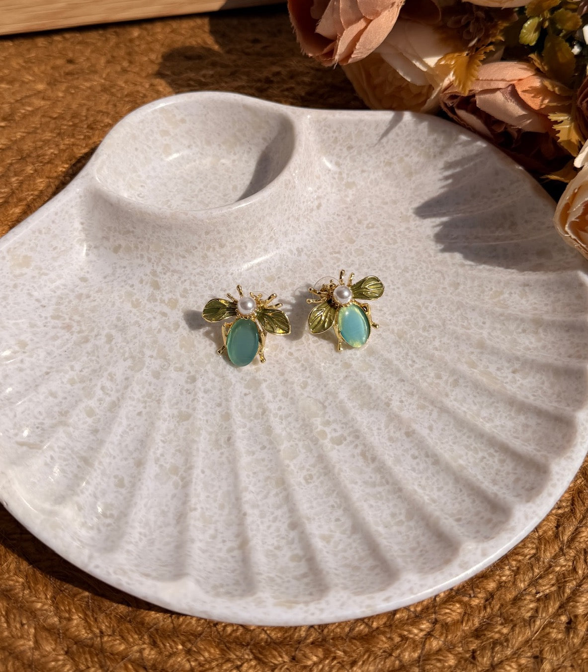 Turquoise Bee Stud Earrings | Gold-Toned Insect Studs with Stone Body | Boho Jewellery