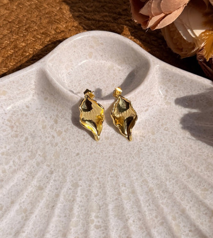 Golden Leaf Stud Earrings | Molten Textured Gold-Toned Pair