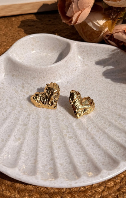 Molten Heart Stud Earrings | Chunky Textured Gold-Toned Pair