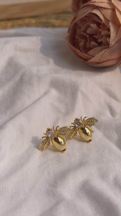 Golden Bee Stud Earrings — CZ Crystal & Gold-Toned Pair